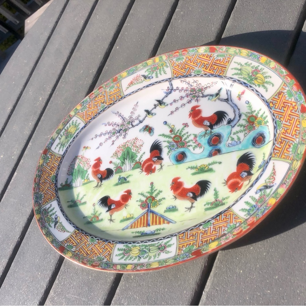 Hand-Painted Rooster Motif Ceramic Serving Platter - Multicolor